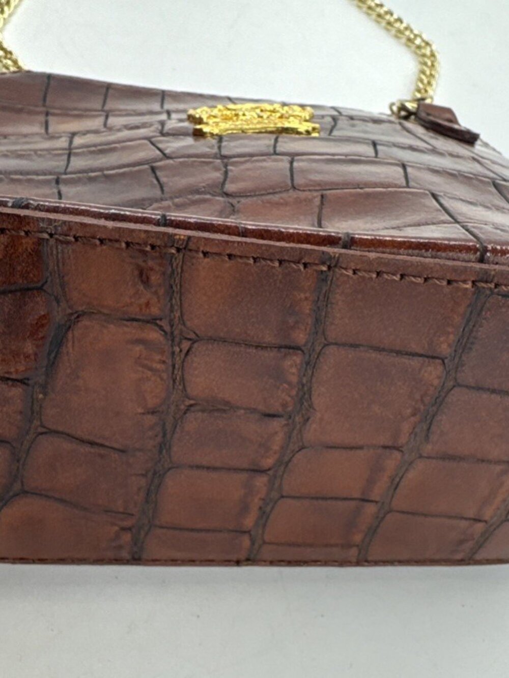 Pratesi Firenze Brown Croc Embossed Italian Leather Crossbody Bag Gold Chain NEW - Picture 8 of 15